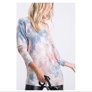 Tie-Die Boat Neck Top With Long Dolman Sleeves